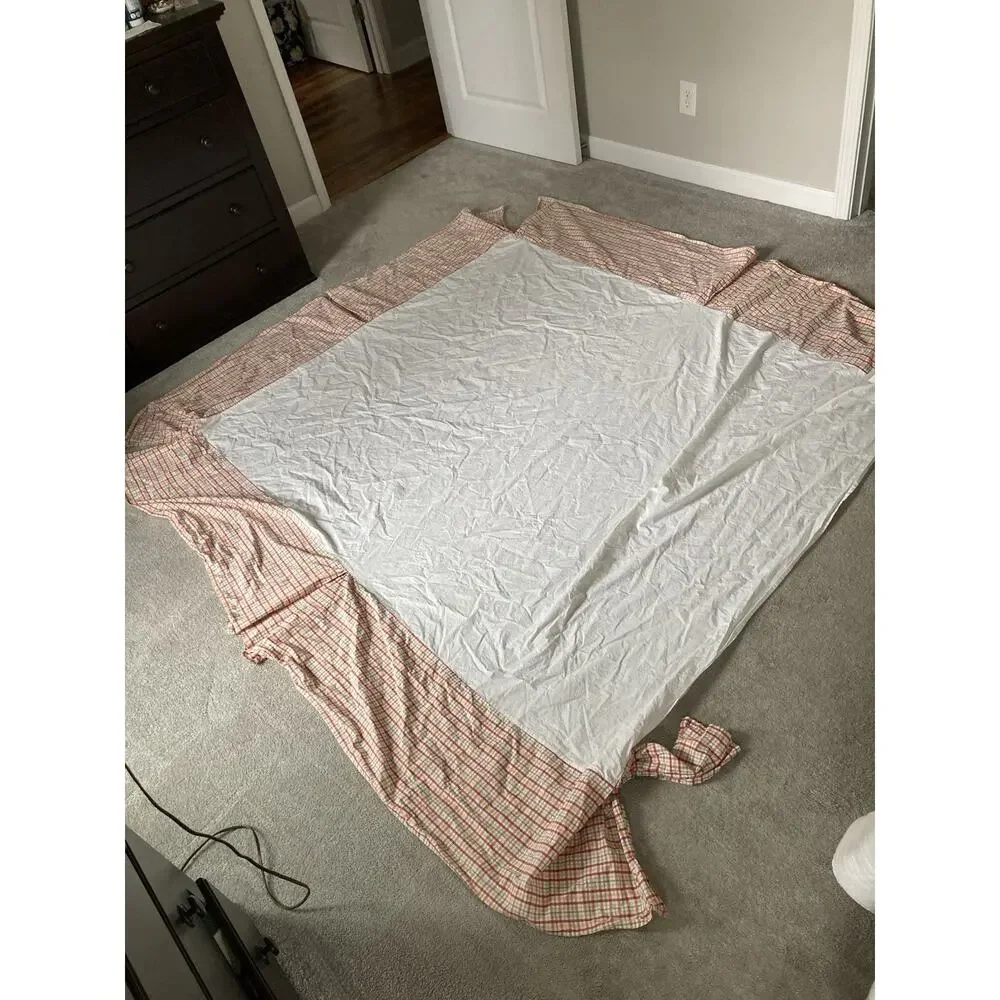 Pottery Barn PB Queen Bed Skirt 'Lemon Plaid' Pink Green Yellow Spring Cottage